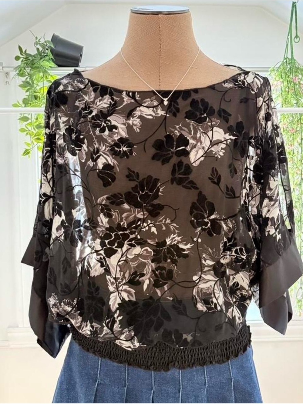 Sheer Black Floral Boatneck Top with Smocked Hem